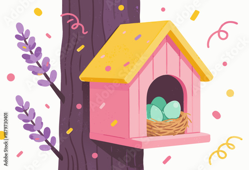 festive birdhouse with colorful eggs on tree celebrating springtime holiday