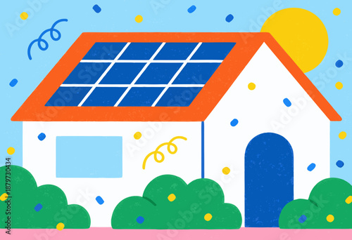 illustration of house with solar panels under bright sun surrounded by greenery and confetti