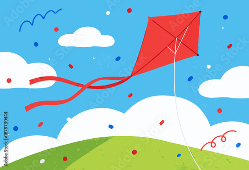 bright red kite soaring over green hill under sunny blue sky on a windy summer day