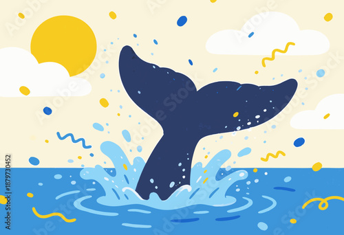 playful whale tail splashing in vibrant ocean under sunny sky with clouds and confetti