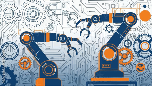 Industrial robots and machinery components in a futuristic factory setting with circuit board background and gears