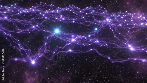 Cosmic neural network with glowing purple energy connections linking star clusters galaxies nodes in dark space slow zoom revealing vast interconnected celestial web mysterious awe inspiring universe