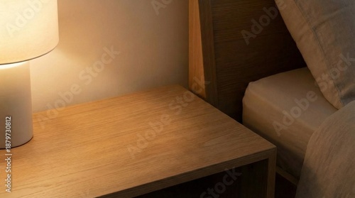 Warm bedroom scene with a wooden nightstand beside a softly lit bed, a modern table lamp casting gentle ambient light, plush pillows, and cozy decor for home or hotel interiors