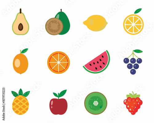 A colorful collection of various fresh fruits displayed in flat vector style