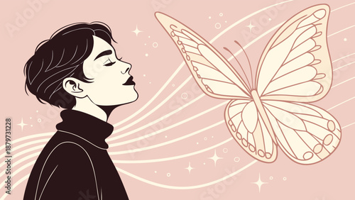 Contemplative young woman with short dark hair and dark lipstick gazes thoughtfully at a delicate, shimmering butterfly with intricate wings, floating against a soft, pink, abstract background with.
