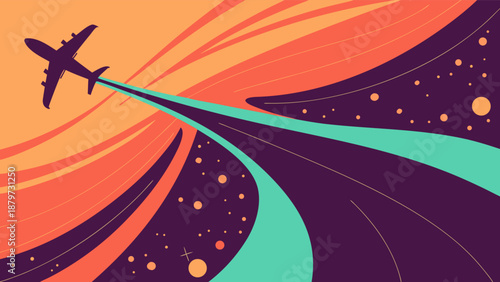 Airplane silhouette soars diagonally across a vibrant, abstract background featuring dynamic swirling lines in shades of orange, purple, and teal, suggesting global travel and adventure.