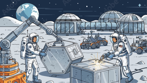 Astronauts construct a lunar base with robotic arms and futuristic domes under a starry night sky