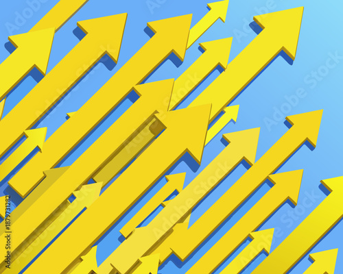 Abstract background with numerous yellow arrows pointing upwards on a blue surface