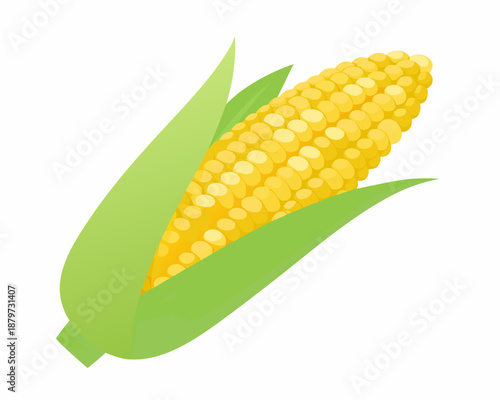 A vibrant illustration of a single ear of yellow corn with green husk