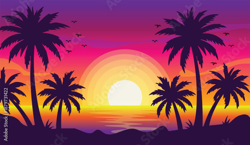 Vibrant Tropical Sunset with Palm Tree Silhouettes over Ocean Summer time Banner design