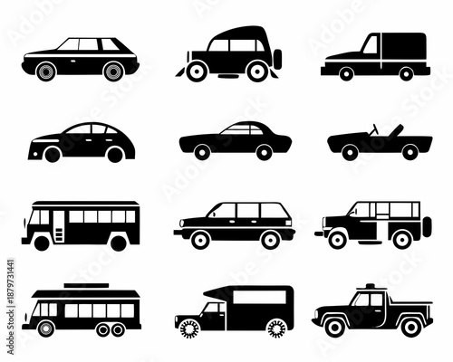 Variety of black silhouette vehicles including cars vans and trucks