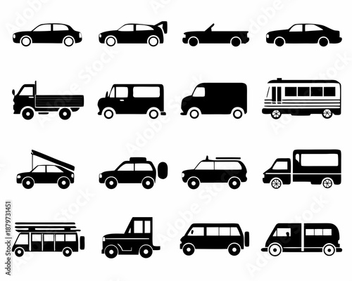 Black silhouettes of various vehicle types including cars vans and trucks