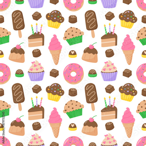 Seamless pattern with cute cartoon desserts including donuts cupcakes ice cream cakes and chocolate sweets on white background