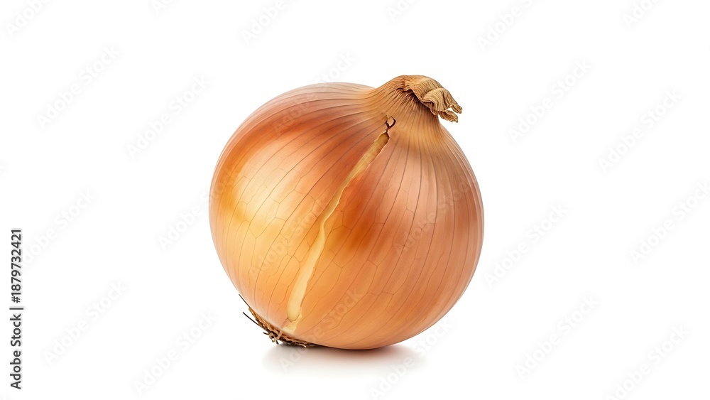 Fototapeta premium A single onion with a Whisk-like stem on a plain white surface, viewed from the front.