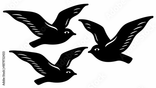 Three black birds flying in formation against white background