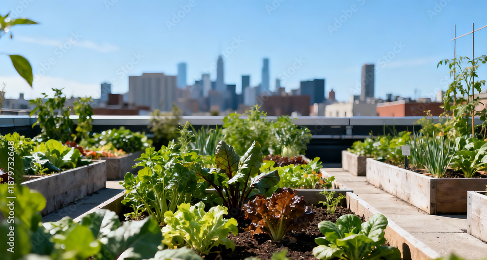 Fototapeta premium A rooftop garden, variety of vegetables in raised beds, organized chaos of thriving plants, background with blurred city skyline under clear blue sky.
