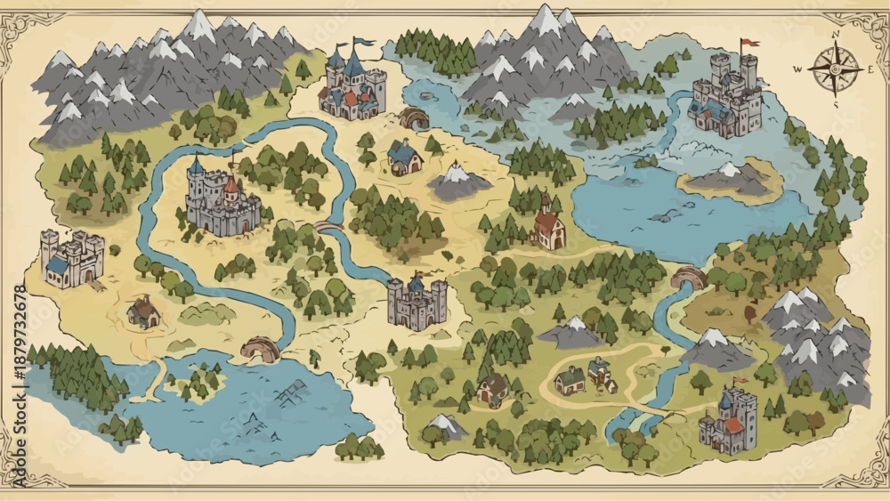 Fototapeta premium A beautifully illustrated fantasy map depicts a kingdom with castles rivers mountains forests and varied terrain