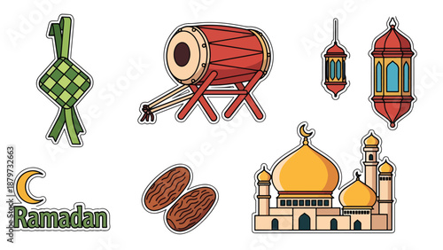 Celebrating Ramadan with traditional drums and lanterns near a mosque