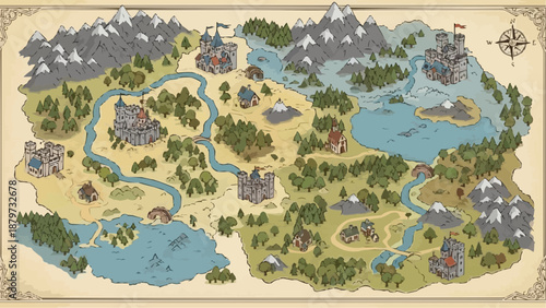 A beautifully illustrated fantasy map depicts a kingdom with castles rivers mountains forests and varied terrain