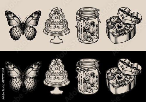Vintage Engraving Style Vector Illustration Set of Valentine's Day Elements Including a Butterfly, Heart Cake, Cookie Jar, and Chocolate Box for Romantic and Nostalgic Holiday Designs.