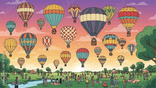 A vibrant scene of colorful hot air balloons soaring above a park with people enjoying a sunny day