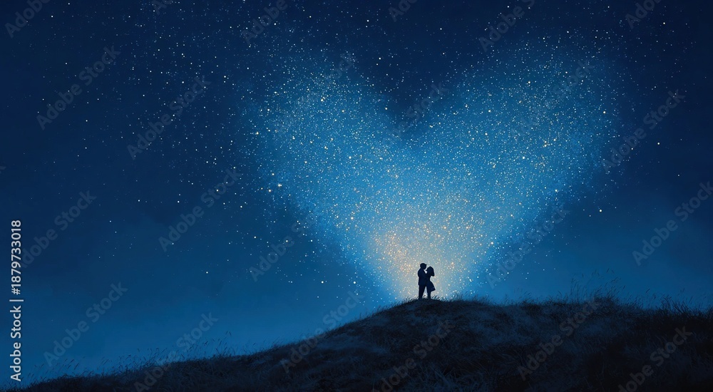Fototapeta premium Couple embraces under a celestial heart of stars, celebrating love and togetherness on a peaceful hilltop at night. A magical, dreamlike scene conveying romance and hope.