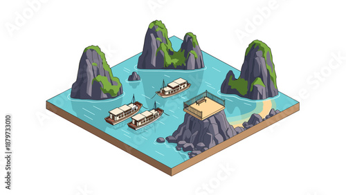 Isometric seascape with boats and rocky islands for concept designs