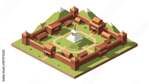 Isometric design of ancient fortress with central pagoda and mountain background