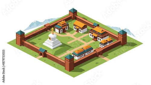 Ancient buddhist monastery in isometric style with surrounding walls and mountains