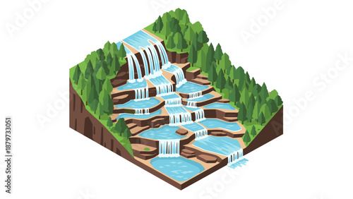 Isometric waterfall scene with cascading streams and forested hillside