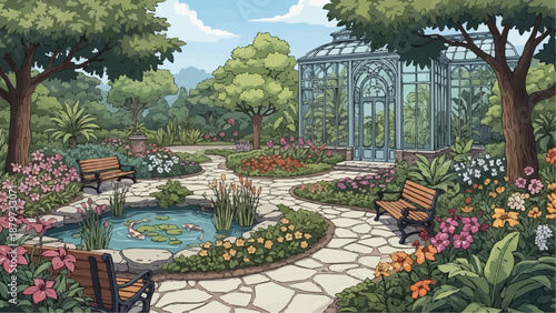 A serene garden scene depicts a picturesque greenhouse vibrant flowers a tranquil pond and winding stone pathways