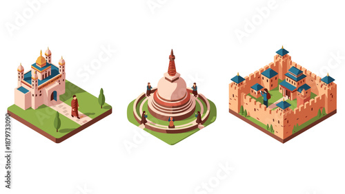 Isometric historical landmarks: diverse architectural styles and landmarks in detailed 3d design