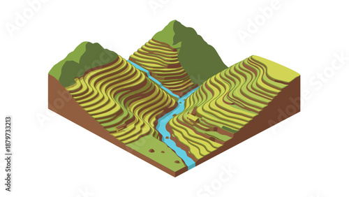 Colorful isometric landscape of terraced hillside with flowing river and mountains