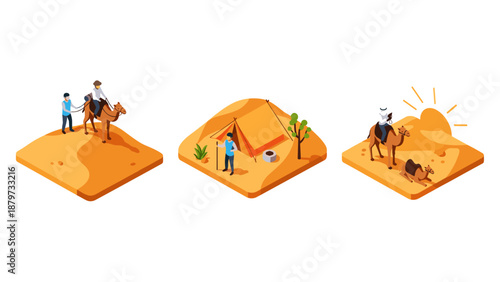 Desert adventure isometric set with camels, camp, and sunset scenes