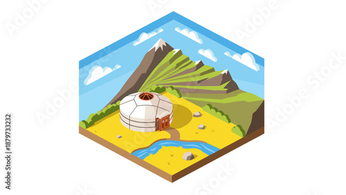 Isometric landscape with mountain, yurt, stream, and clear sky