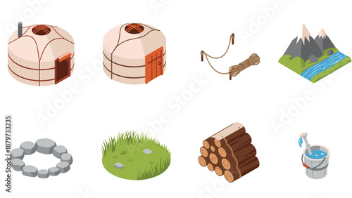 Isometric traditional nomadic elements with yurts, campfire, and nature icons