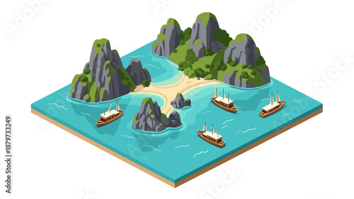 Isometric tropical island with sailing boats and rocky cliffs on clear blue sea