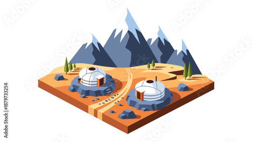 Futuristic dome houses in mountainous terrain with isometric design