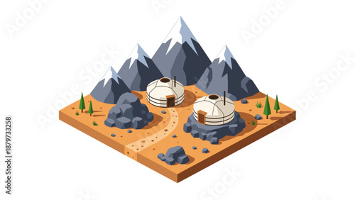 Isometric mountain landscape with traditional yurts and rugged terrain