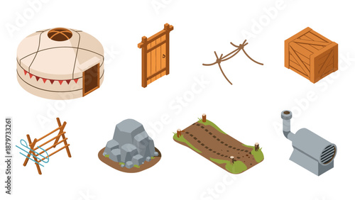 Isometric set of rustic wooden structures, tents, and outdoor elements
