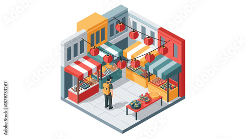 Isometric asian street market with lanterns and vendor stalls in urban setting