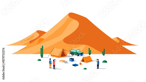 Outdoor camping adventure with orange desert dunes and tents