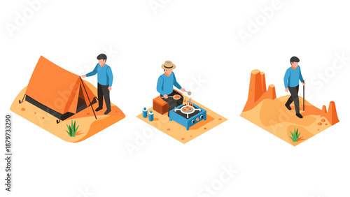 Isometric camping adventure: tent setup, cooking outdoors, desert hiking