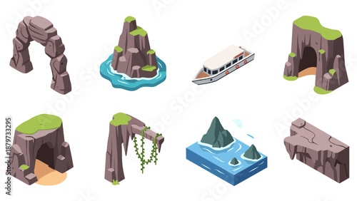 Isometric nature and boat elements: rocky landforms and water scene