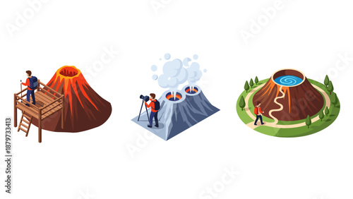 Isometric volcano exploration scenes: adventure and photography on active and dormant volcanic landscapes