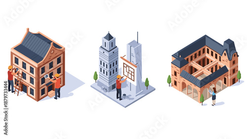 Construction and restoration in isometric cityscape