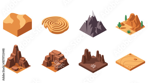 Isometric terrain set: mountains, desert, and canyon landscapes in 3d design