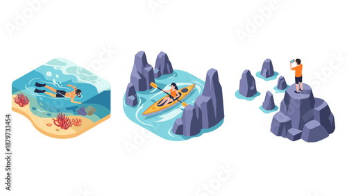 Isometric outdoor adventures: snorkeling, kayaking, and hiking in scenic waterscapes