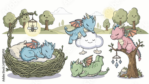 Adorable dragons enjoying a peaceful day among trees clouds a nest and a glowing lantern scene