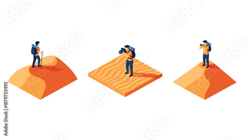 Outdoor exploration with hiking and photography in minimalist isometric design